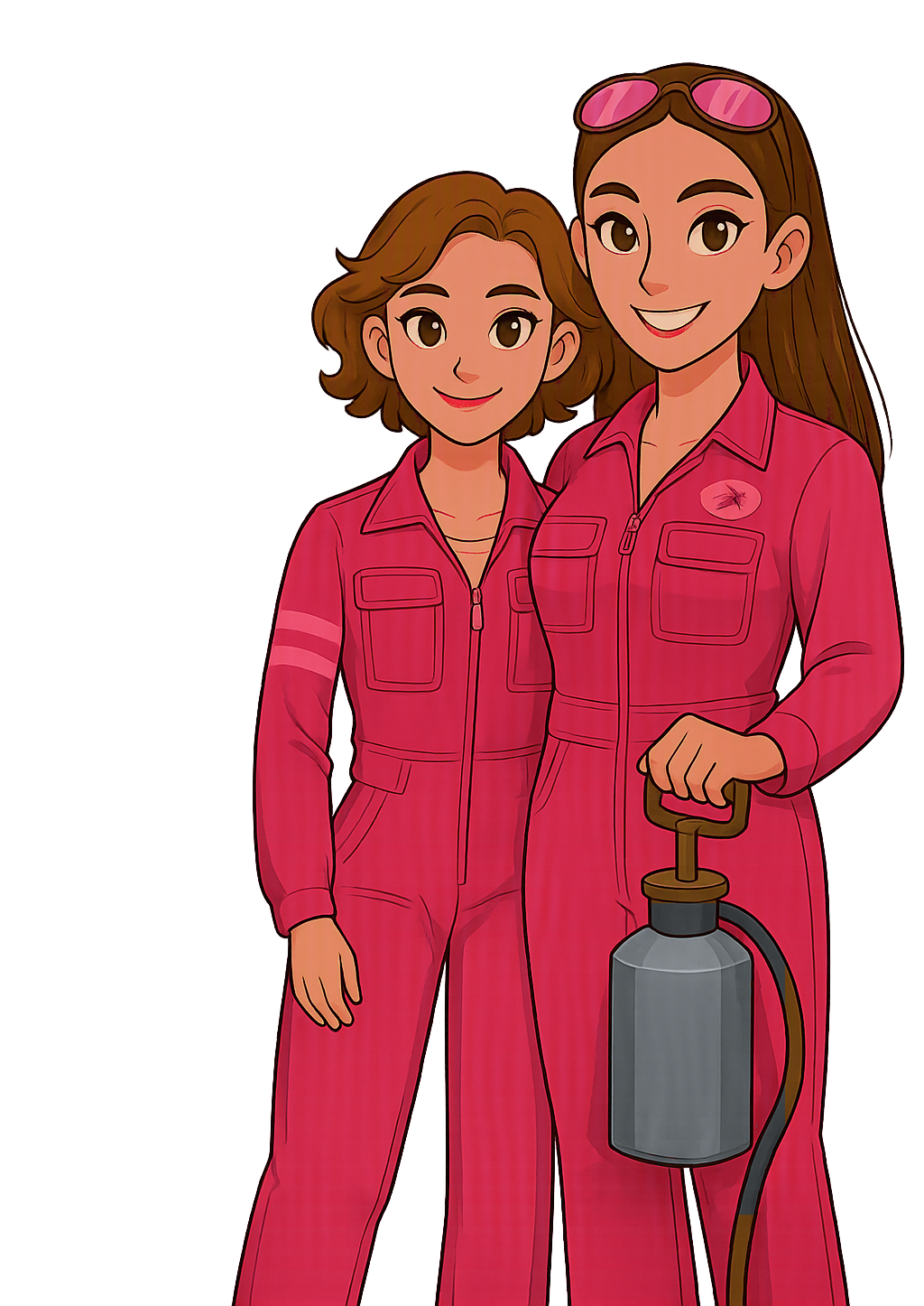 Full-length illustration of the BugsAtBay team in pink coveralls with a steel-gray sprayer